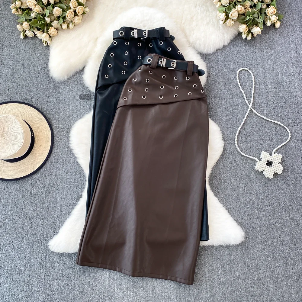 

Женская юбка-макси с высокой талией, черная юбка из ПУ кожи, трапециевидная юбка с поясом и дырками в готическом и американском стиле ретро, уличная одежда, Прямая поставка