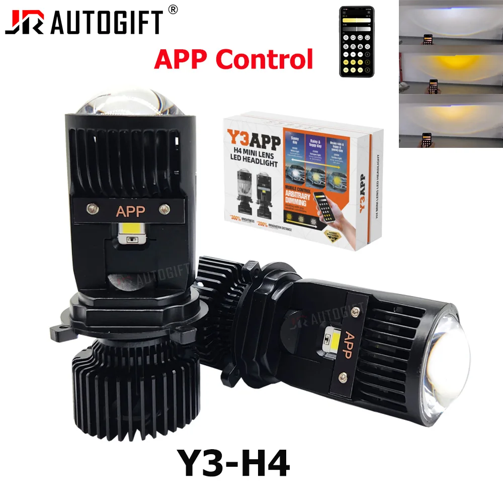 2PCS Y3 APP H4 LED 헤드라이트 자동차 H4 미니 프로젝터 렌즈 3000K-6000K 임의 조광 DIY 컬러 앱 제어 상향등/하향등 3색