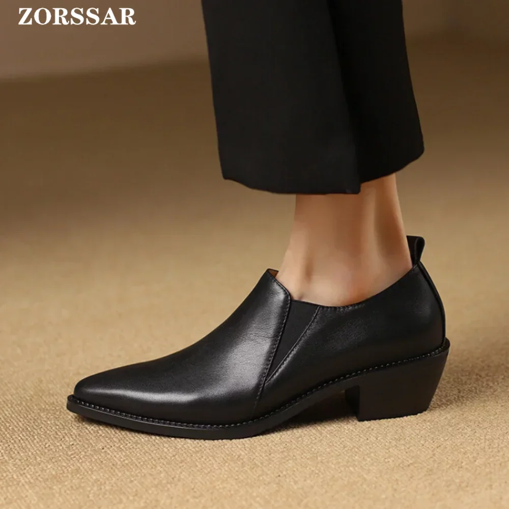 

2024 New Women Office Shoes Mid Heel Slip-On Pointed Toe Retro Chunky Heels Pumps Natural Cow Leather Loafers Woman Dress Shoes