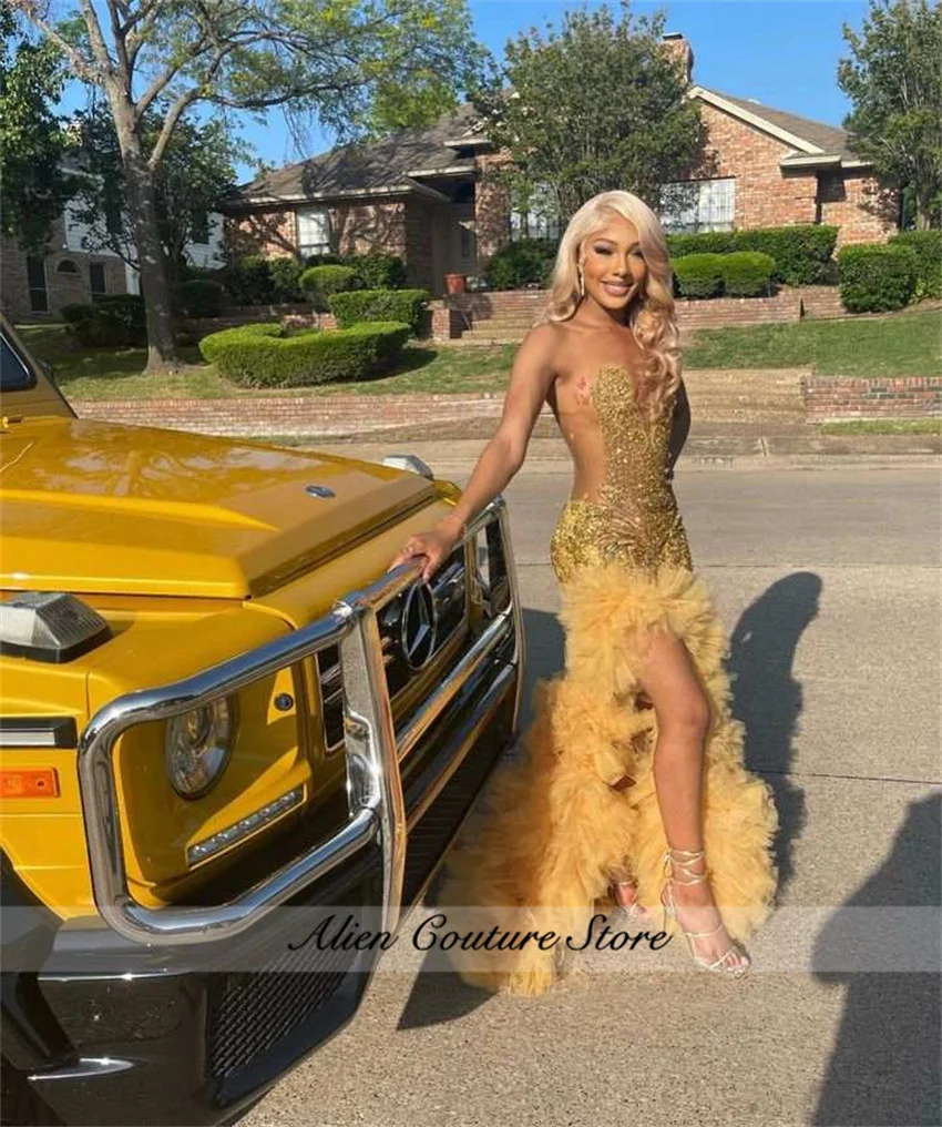 Women Prom Dresses Sparkly Gold Diamonds Mermaid For Black Girls