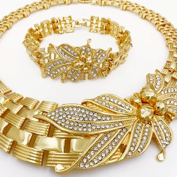 Wedding Jewelry Set Africal Big Flower Choker Necklace Fine Zircon Bracelet Piercing Earring Ring 18K Gold Plated Jewellery 6