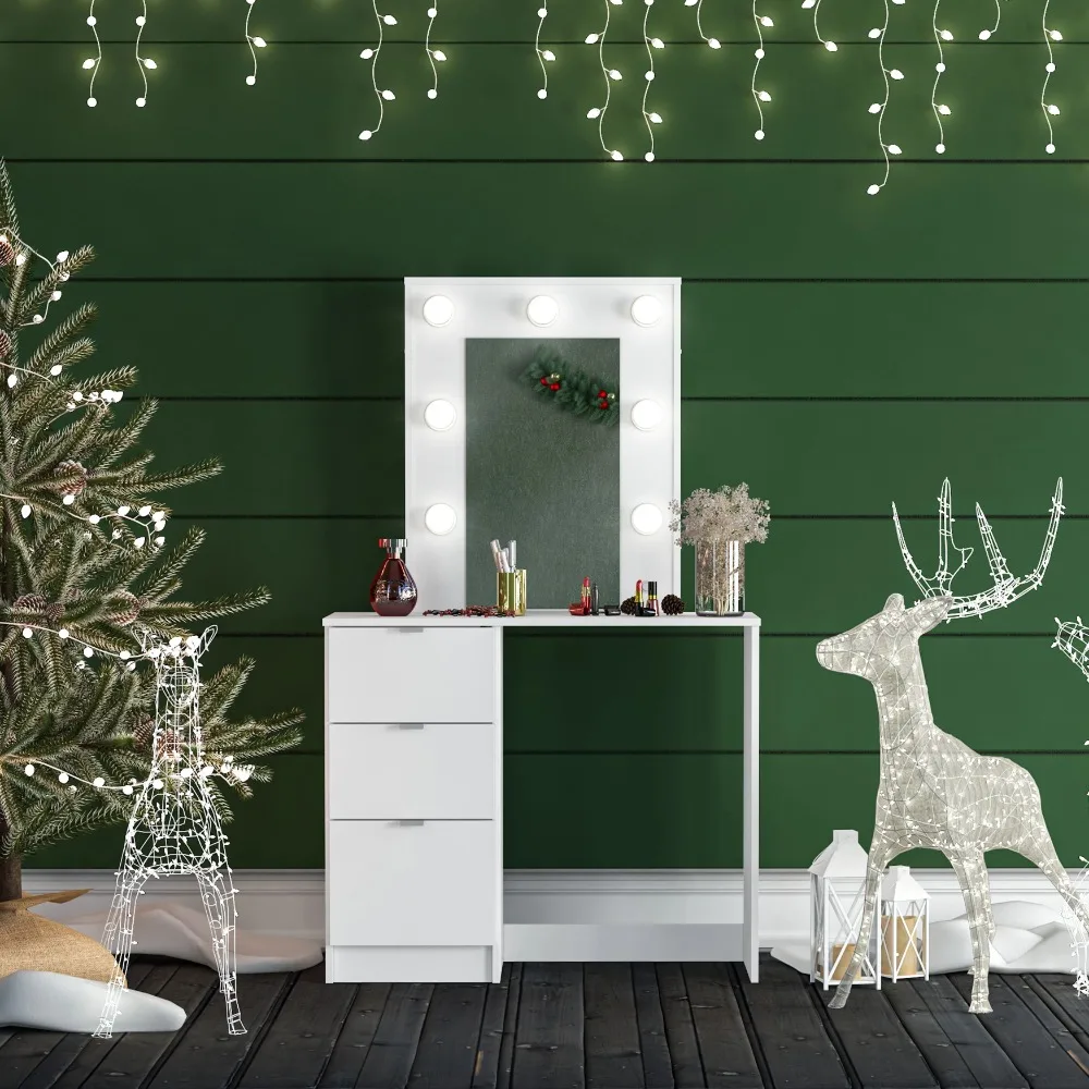

New Polifurniture Daisy Modern Bedroom Makeup Vanity Table with Lighted Mirror, White Finish