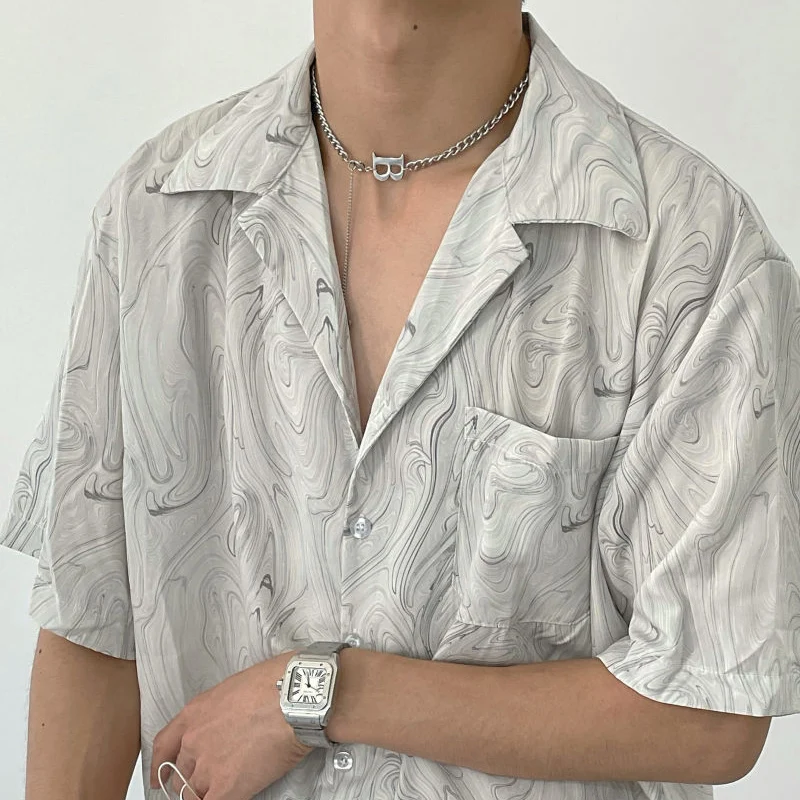 High Street Casual Wave Pattern Pocket Short Sleeve Man Shirt Summer Loose Patchwork Personality Design Temperament Handsome Top