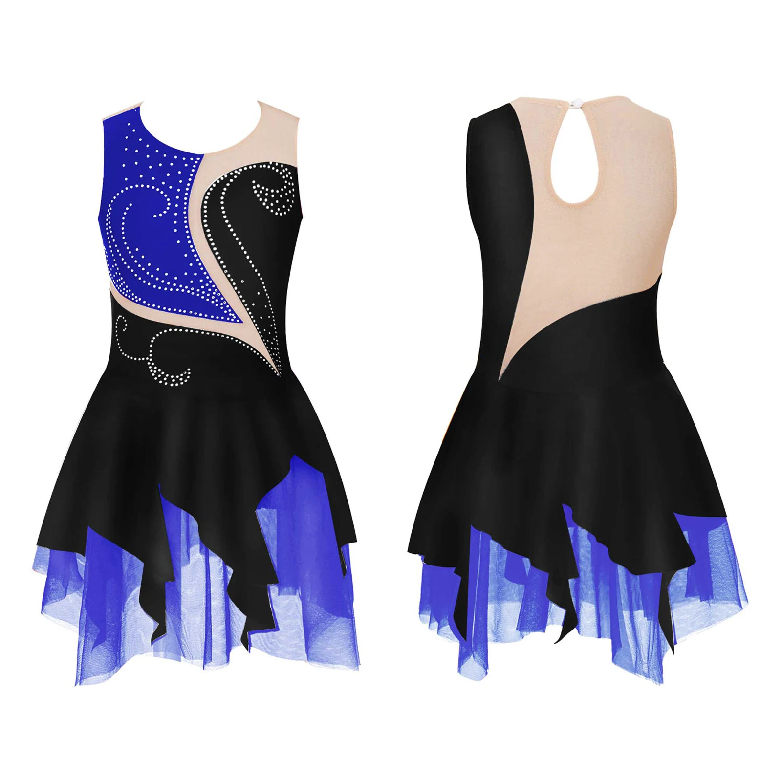 Disfraz de patinaje y gimnasia con diamantes de imitación brillantes para niñas, Jersey de Ballet, vestido de baile lírico corporal, leotardo con dobladillo Irregular, vestido tutú