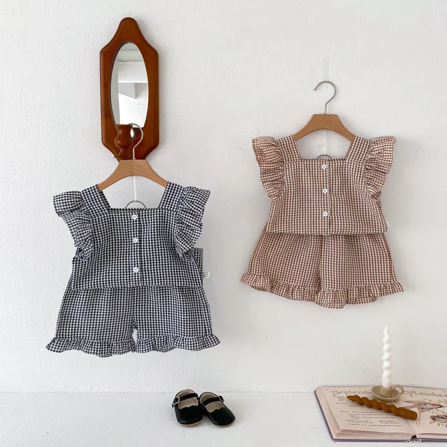 Korean Style Kids Outfit Baby Clothes Girls Summer Checkered Sleeveless Blouses + Shorts Two Piece Set 2-6yrs 1