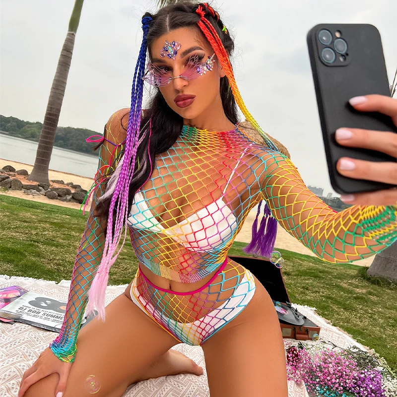 Erotic Sex Costume Womens Lingerie Cosplay Rainbow Two-piece Set Bodysuit Fantasia Sexys Feminina Erotic Sheer Underwear Set