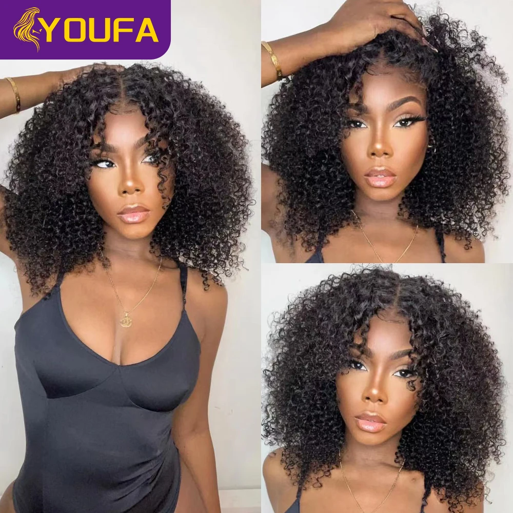 YOUFA 12A 6 Pcs Kinky Curly Human Hair Weave Bundles With 4x4 Transparent Lace Closure For Black Women Natural Color Human Hair