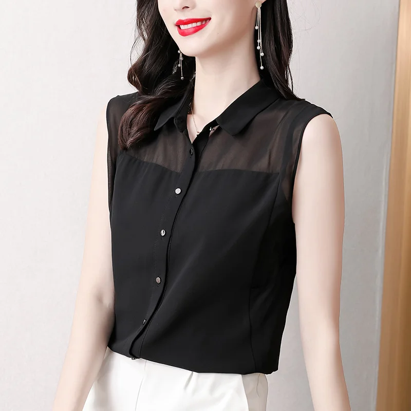 #2502 Womens Tops And Blouses Sleeveless Chiffon Vest Shirt Vintage Women Fashion Tops Summer Black Button Up Thin Sexy Loose mini dresses ditsy floral ruffled sleeveless o neck mini dress with belt in black size l m s xl