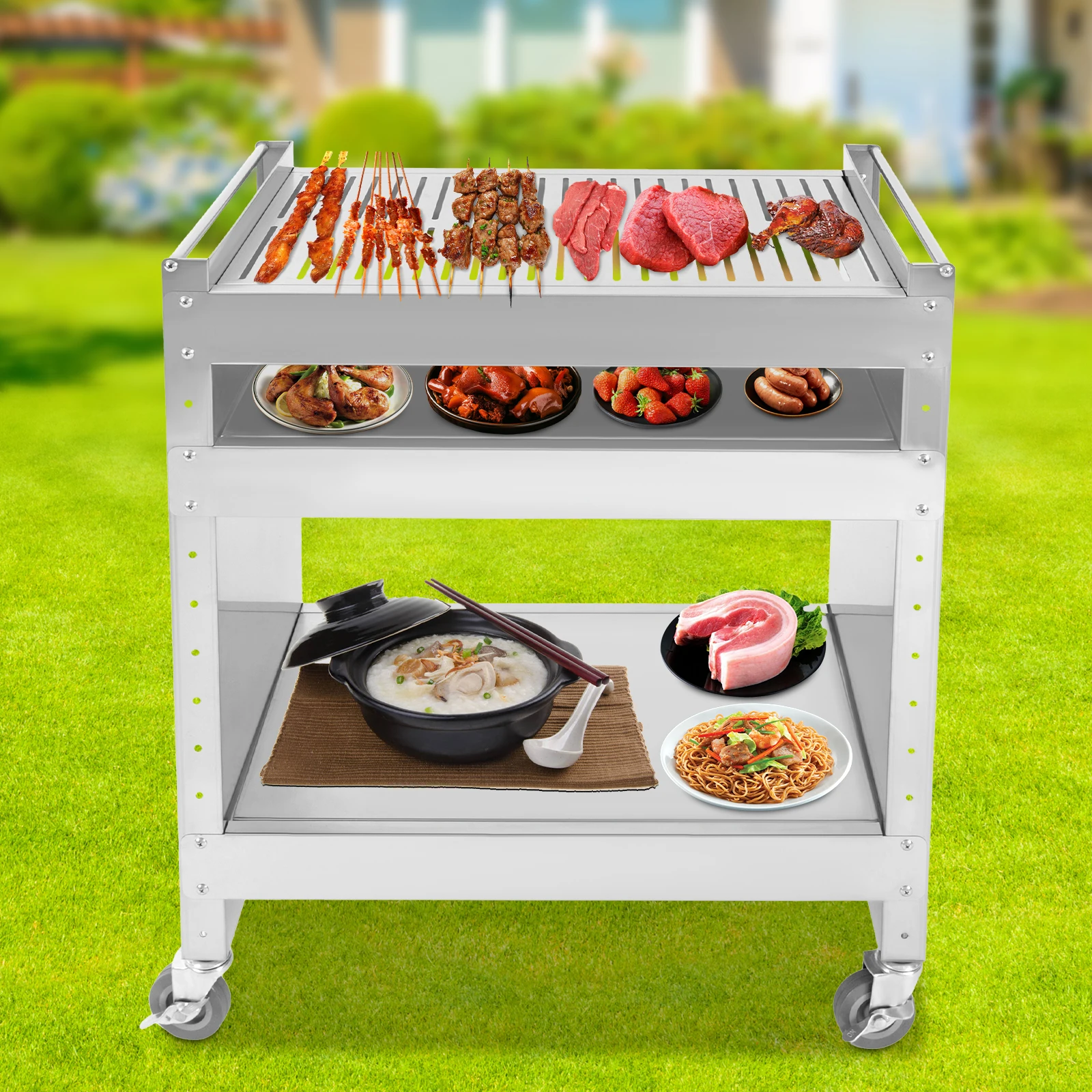 Stainless Steel Grill Cart, Mobile Barbecue Trolley, Picnic Cart For Barbecue 59*40.5*82cm