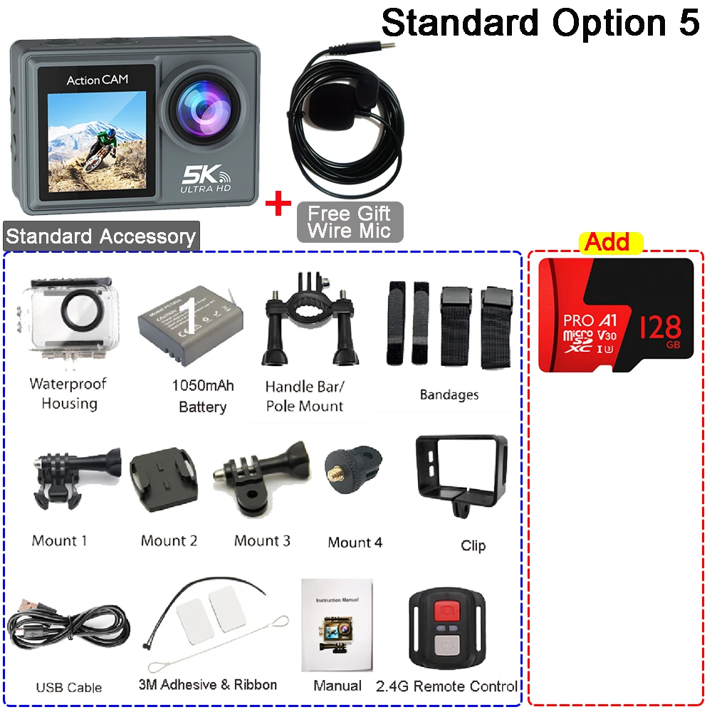 thumbnail image 1 of Cámara de Acción 5K 4K60FPS Doble IPS Touch LCD EIS 170 ° Cámara deportiva con zoom 5X resistente al agua 30M Micrófono inalámbrico opcional y control remoto, 1 of 4