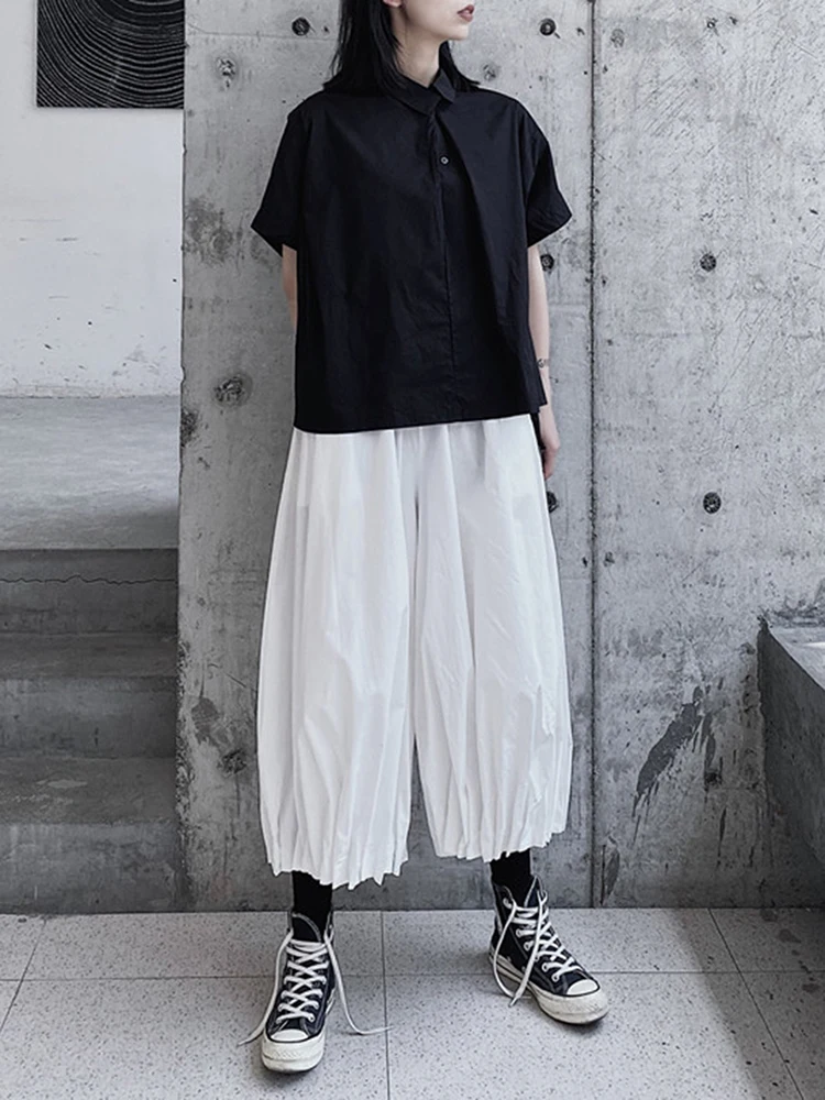 [EAM] High Elastic Waist Black Brief Pleated Wide Leg Pants New Loose Fit Trousers Women Fashion Tide Spring Autumn 2026 1DF1103