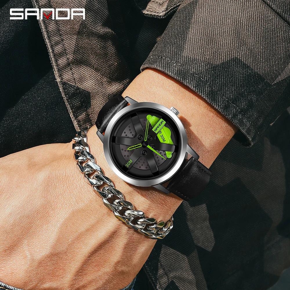 SANDA Fashion Rim Watch Hub Custom Design Sports Car Rim Sports Watch Waterproof Creative 2023 Male Watch Mens Wheel Wristwatch