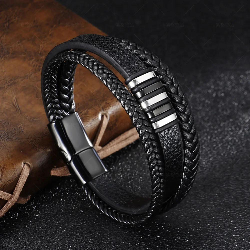 

Light luxury fashion genuine leather stainless steel bracelet for men, bangle