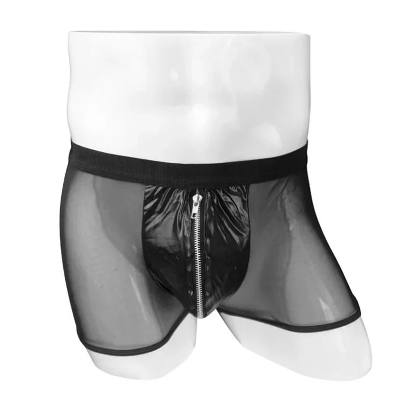 Leather Underwear Men Sexy Gay Zipper Mesh Boxershorts Breathable U Pouch Male Panties Gay Cueca 4