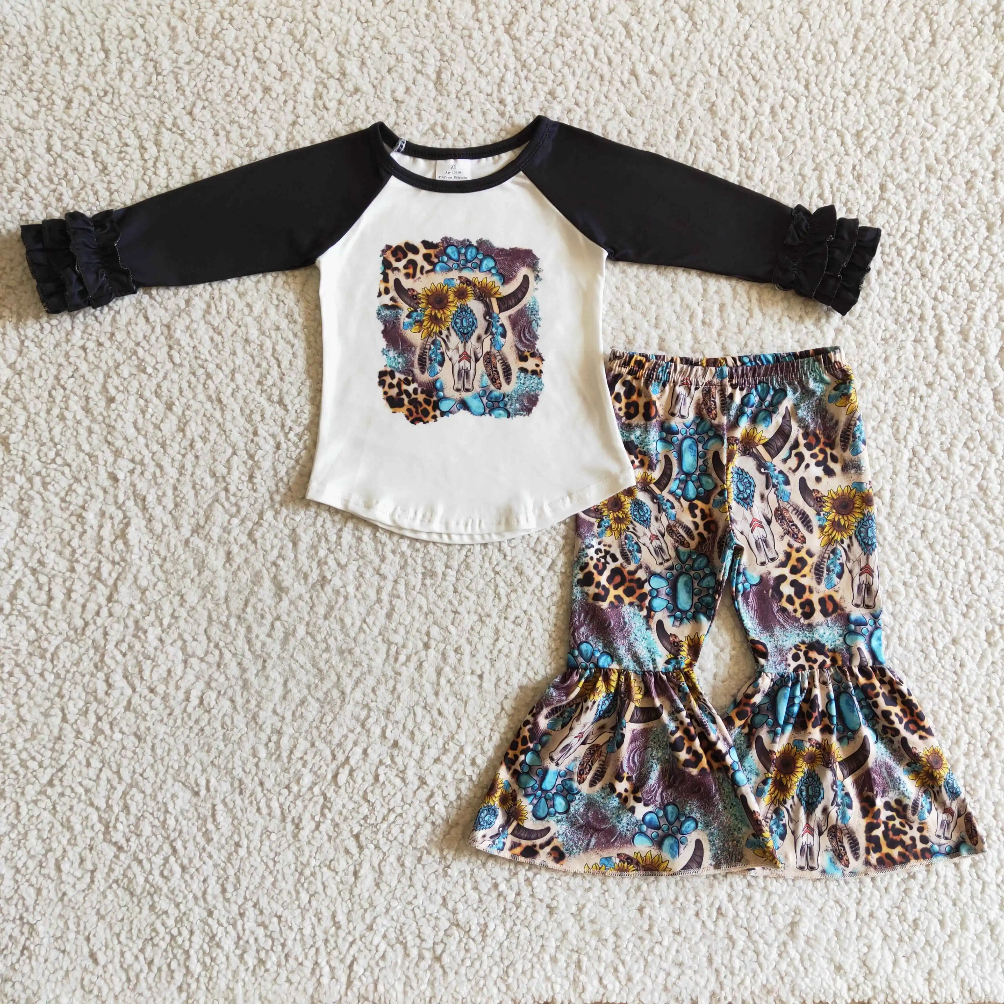 

GLP0313 hot sale girl black long sleeve icing ruffle raglan shirt sunflowers cow bell pants 2pieces set