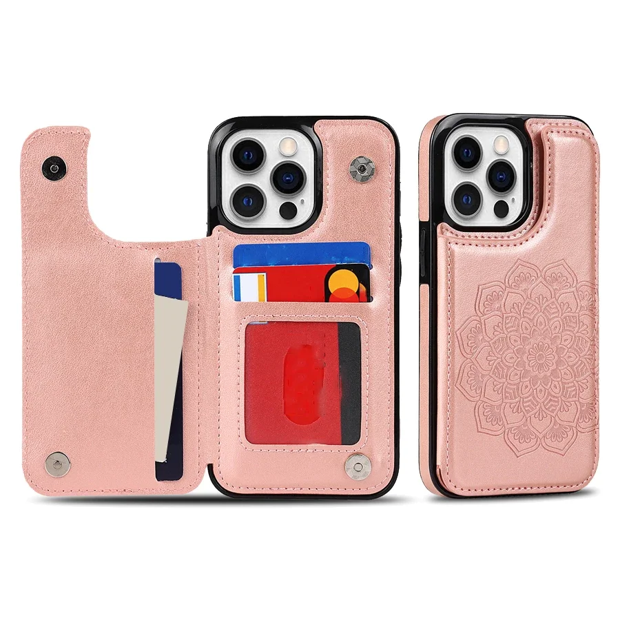 Elegant Datura Double Buckle Leather Wallet Case with Card Slots and Magnetic Flip Closure