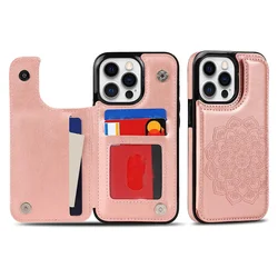 Elegant Datura Double Buckle Leather Wallet Case with Card Slots and Magnetic Flip Closure - iPhone 14 (Rose gold)