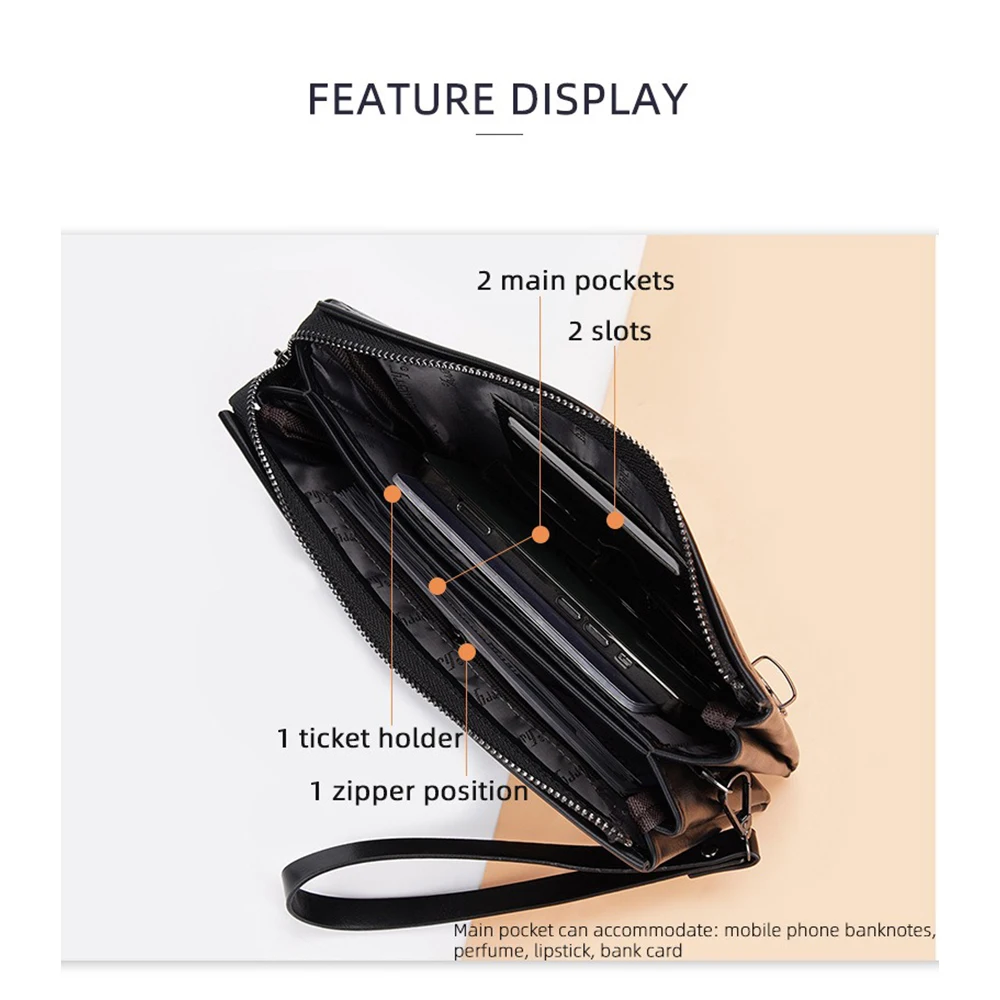 Baellerry Men's PU Clutch Bag, Business Light Luxury, Large Capacity with 2 Main Pockets, Zipper & Ticket Holder, Black/Brown