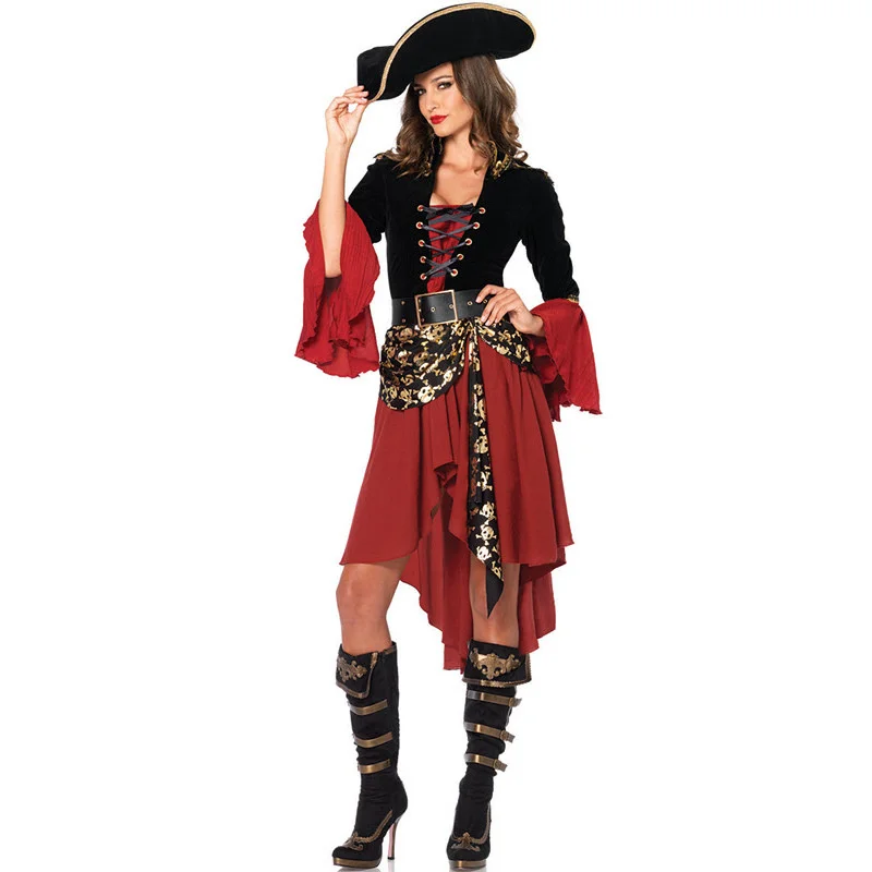 

Halloween Party Cosplay Stage Costume Pirate Themed Role Play Vintage Pirate Dress Suit Carnival Skull Print MIDI Belted Dress