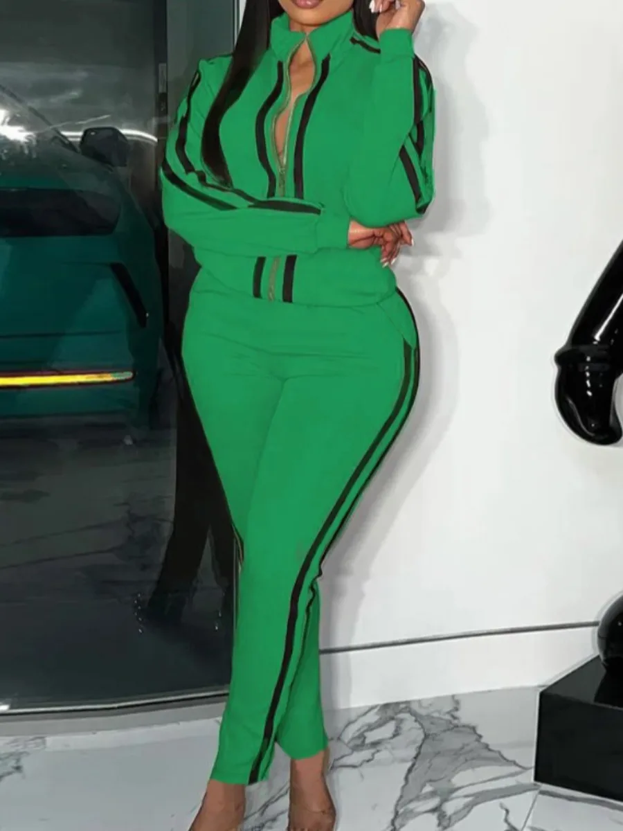 

LW Plus Size Striped Regular Fit Tracksuit Set Green 2pcs Sportwears Zipper Up Mandarin Collar Top&Casual Trousers