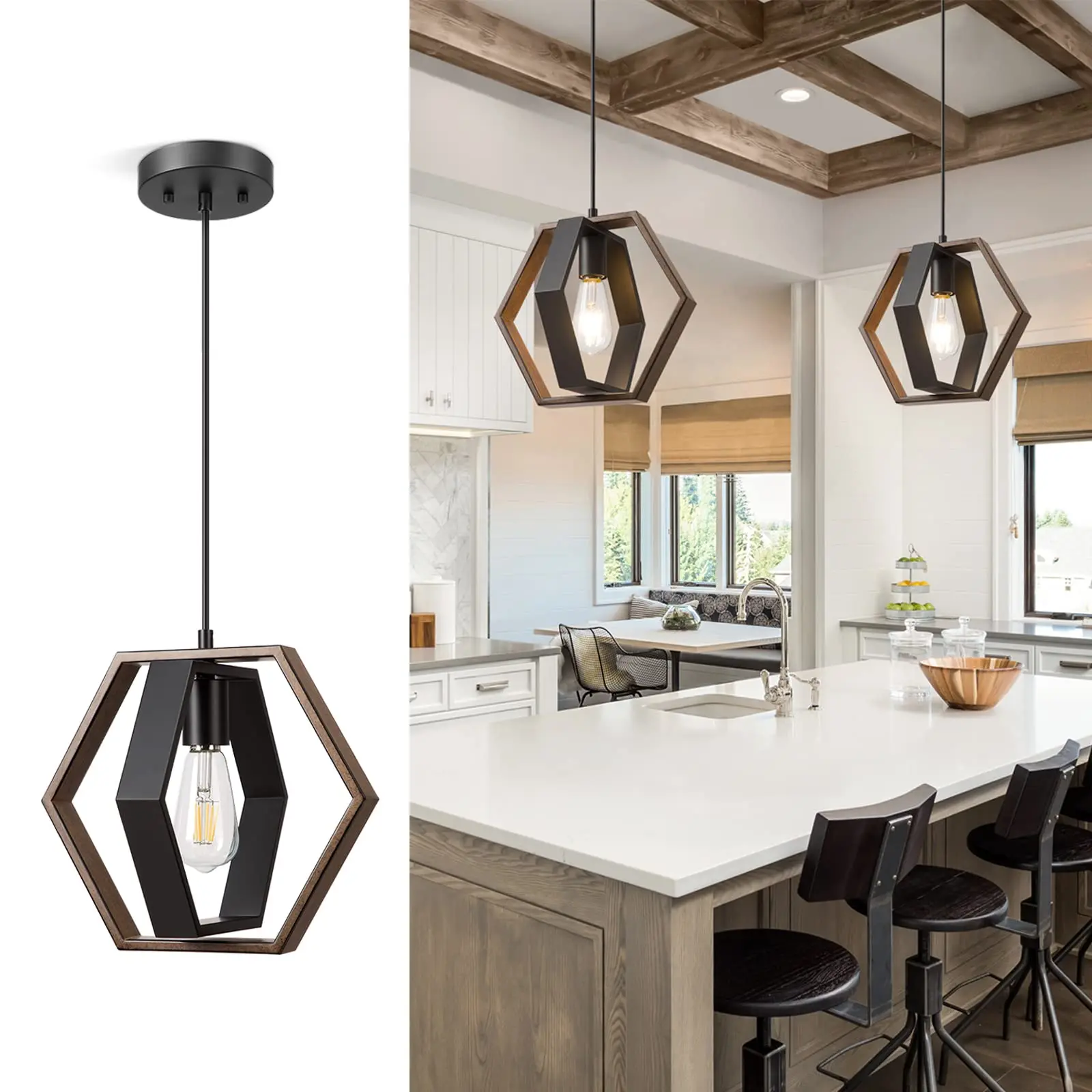 

Pendant lights kitchen island, farmhouse pendant light wood grain black finish height adjustable, pendant light