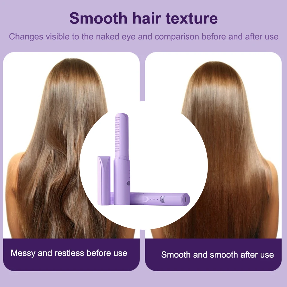 Anti-Scald Cordless Hair Straightener Brush Electric USB Rechargeable Hair Straightener Brush Comb for Home Travel