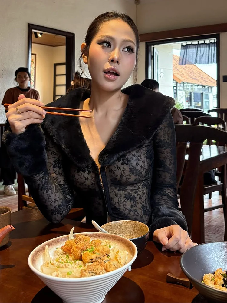 Nibber Faux Fur Collar Crop Tops Women Single-Breasted Patchwork Jacquard Full Sleeve Sexy Autumn Trend Midnight Street Tees