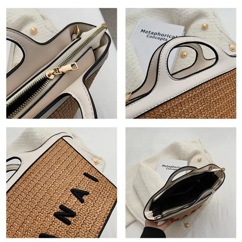 Handbags Crossbody Bags for Women Straw Woven Bag Spliced One Shoulder Basket Beach Bags Fashionable and Versatile Bucket Bag 5