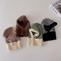Winter Korean Fashion Children Baby Knit Hooded Scarf Caps Warm Stripe One Piece Hat Kids Accessories 1