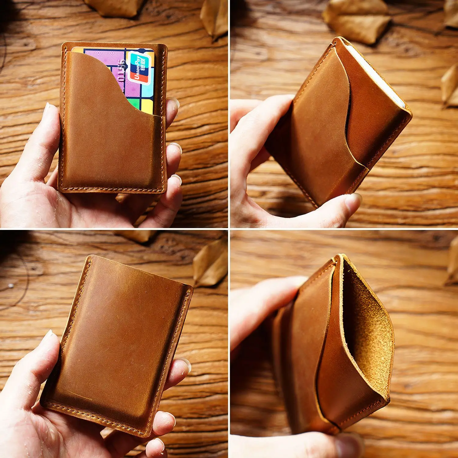 Top-Grain Leather Card Holder-Vintage Crazy Horse Leather Multi-Functional Wallet, Minimalist Coin & Bank Card Organizer Case