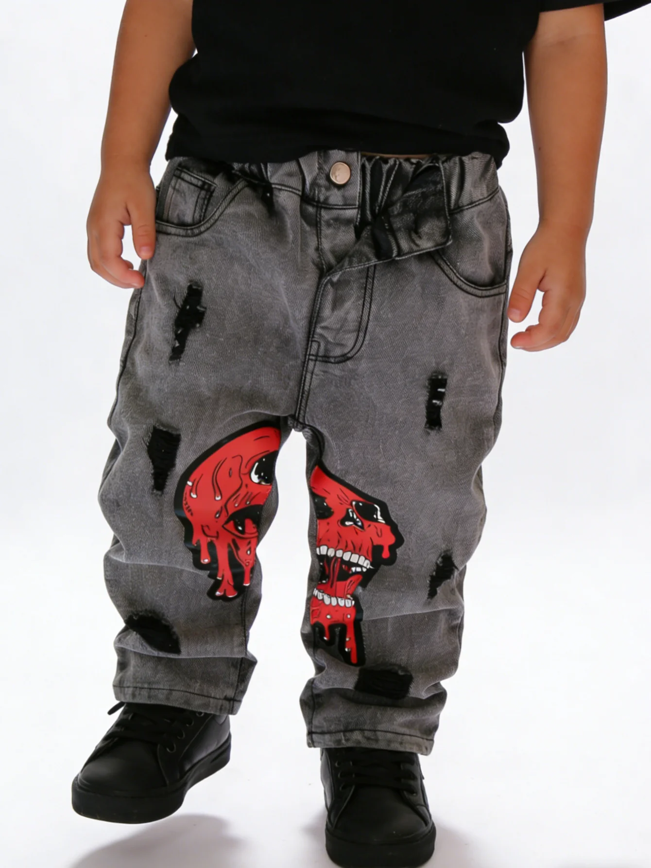  남아 해골 드립 프린트 데님 청바지, 신축성 있는 허리라인의 애시드 워싱 디스트레스드 청바지, 캐주얼 스트리트웨어 키즈 바지