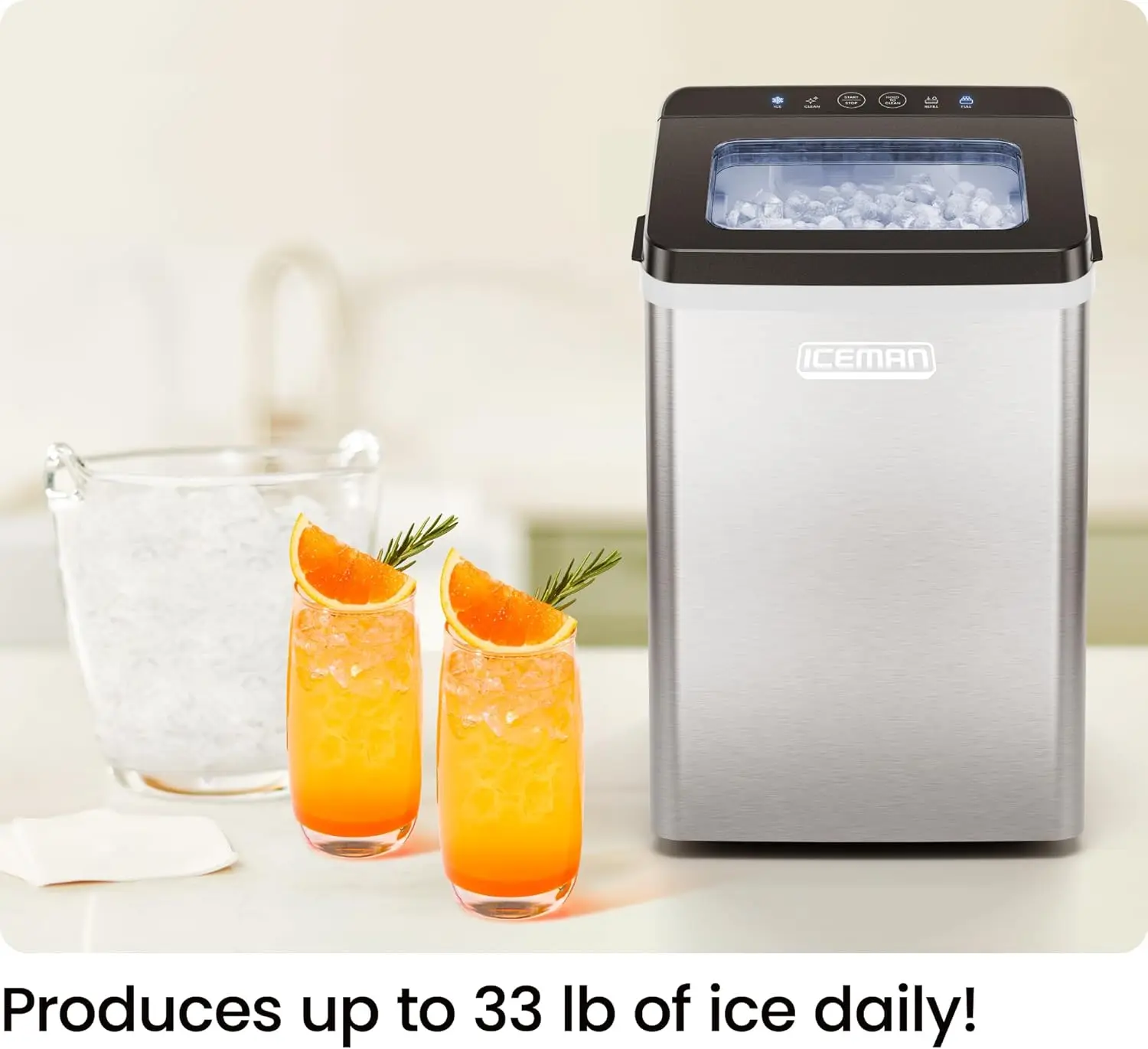 Pebble Ice Machine, Countertop Nugget Ice Maker Produces Chewable Pellet in 20 Minutes, Makes 33lbs/Day, with One-Touch