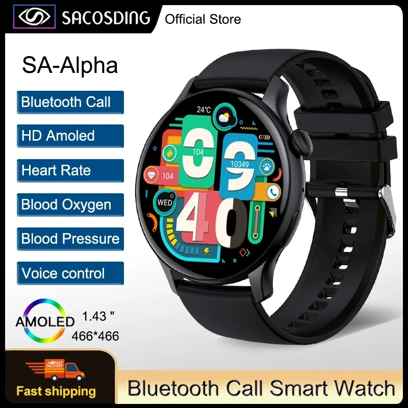 

SACOSDING Bluetooth Call New Smartwatch Men 466*466 AMOLED 1.43" HD Screen Always Display Time IP68 Waterproof Sport Smart Watch