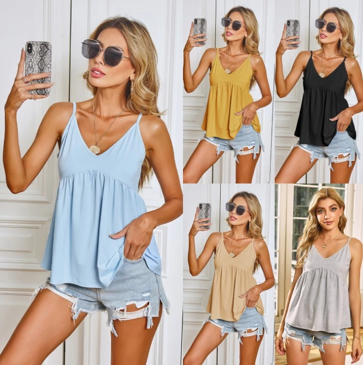 corset t shirt 2021 Summer Women Tank Top Sling V-neck Sexy Strapless Solid Color Stitching Folding Casual Loose Blouse sexy camisole