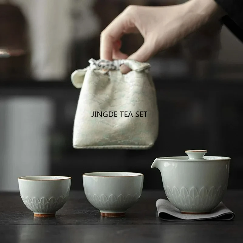 1 bowl 2 cups retro lotus leaf ceramic tea set travel tea art covered bowl kung fu tea set