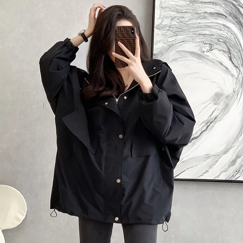 

American Black Hoode Trench Solid Color Vintage Fashion Female Trench Office Ladies Chic Zipper Buttons Streetwear
