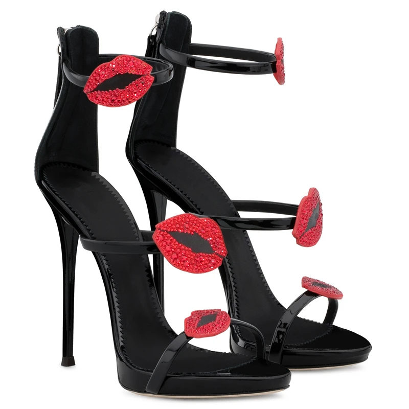 

Red Rhinestone Lips Strappy Cutout High Heels Sandals Thin Heels Open Toe Glittering Crystal Mouth one Strap Femme Banquet Shoes