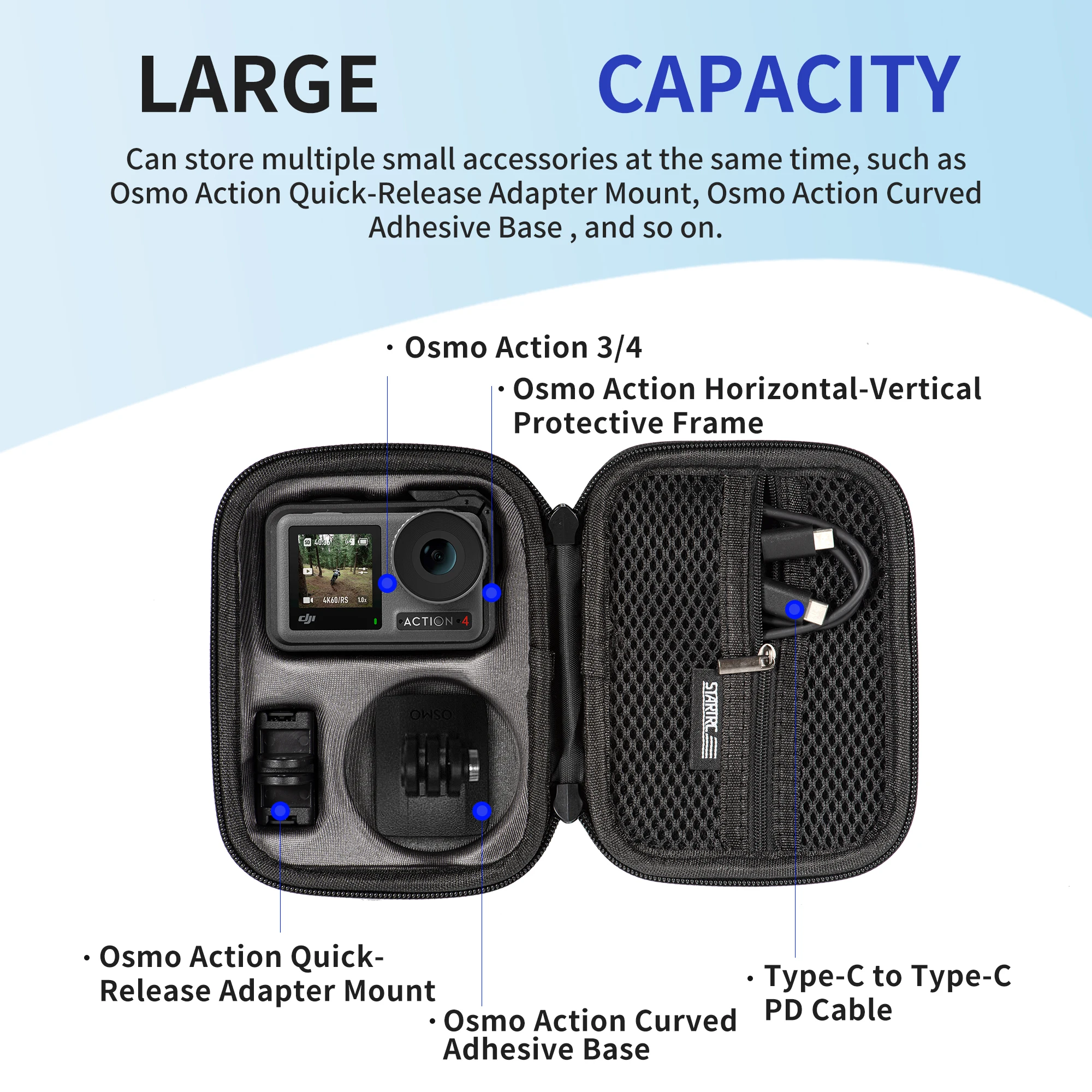 Sac de transport pour DJI Osmo Action, compartiment principal contenant la caméra, batterie et câbles
