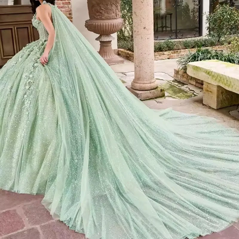 ANGELSBRIDEP Glittering Sage Green Quinceanera Dresses Detachable Cape Flower Lace Vestidos De 15 A&ntilde;os Birthday Party Prom