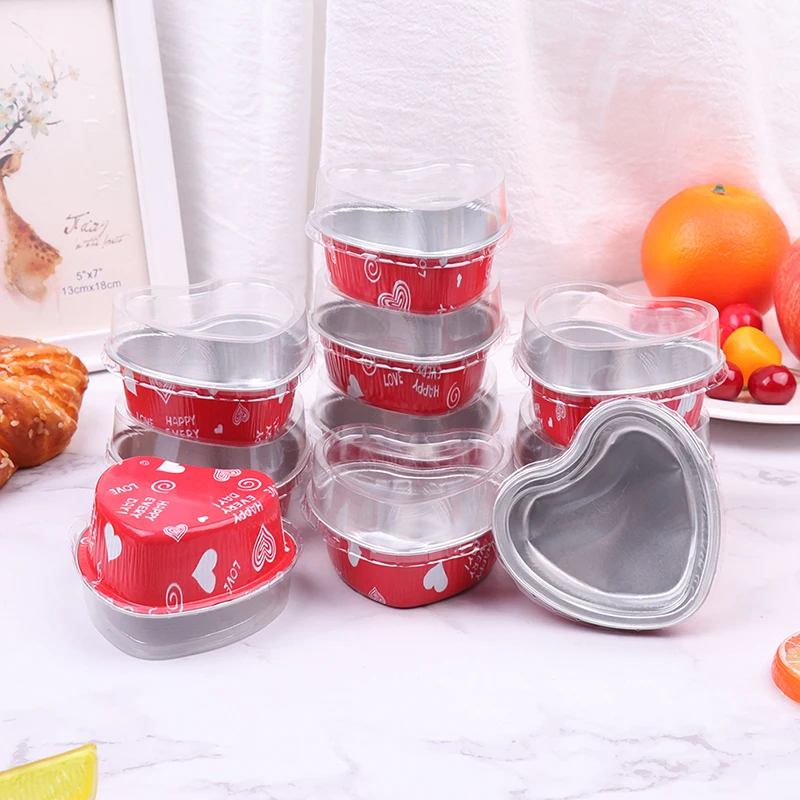 10Pcs/Set 100ML Heart Shaped Aluminum Foil Cake Pan Cupcake Cup with Lids Flan Baking Pans