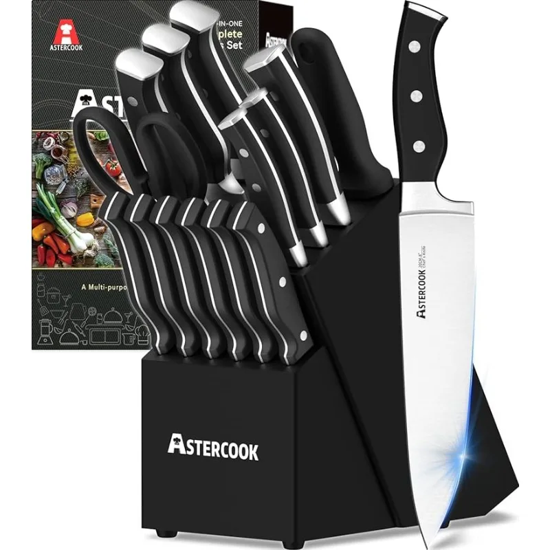 

Kitchen with Block Triple Rivet High Carbon Stainless Steel Kitchen Knife Set with Sharpener, Dishwasher Safe, Black