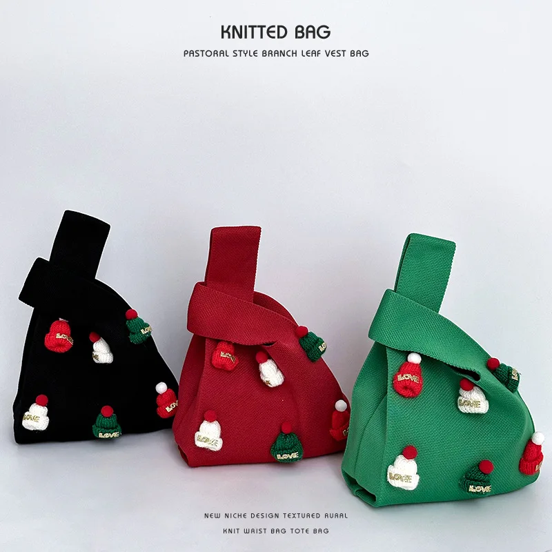 Women Mini Knot Wrist Bag Small Square Bag For Women 2025 New Handmade Christmas Hat Cute Knitted Wrist Bag Handbag Shopping Bag