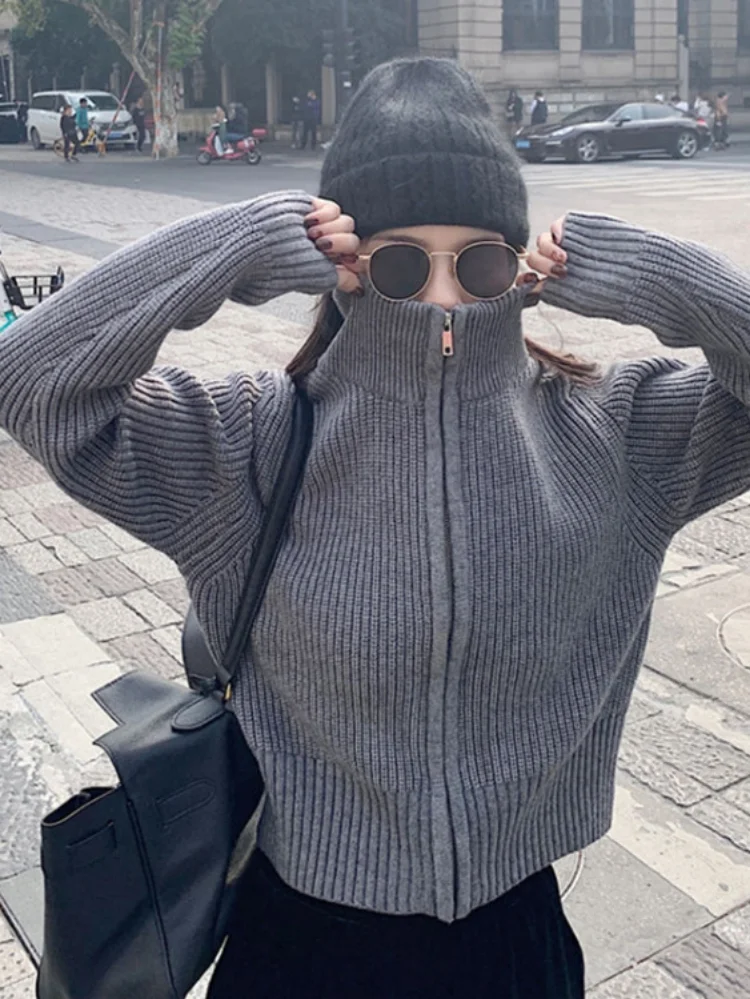 

Y2k Aesthetic Harajuku Cardigan Mujer Kardigan Turtleneck Streetwear Grey Crop Tops Zipper 2023 Autumn All Match Solid Sweater