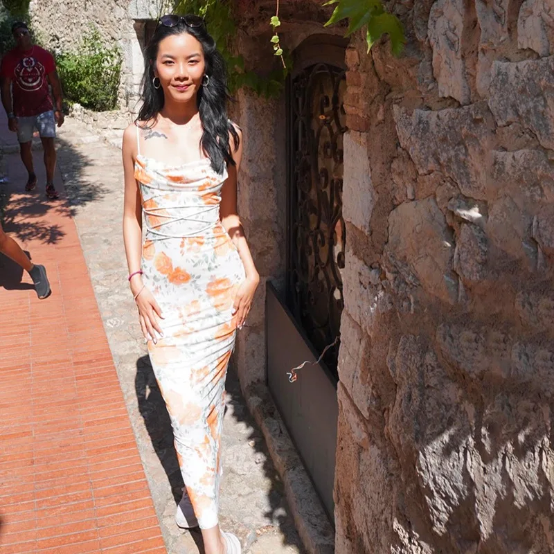 Women Summer Elegant Backless Print Prom Dress