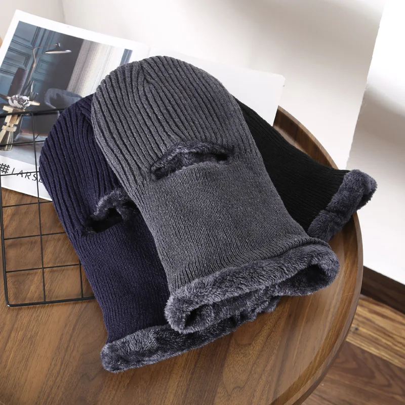 

Hat Men's Autumn and Winter Pullover Warm Velvet Integrated Knitted Hat Outdoor Travel Exposed Eyes Masked Cold-Proof Wool Hat