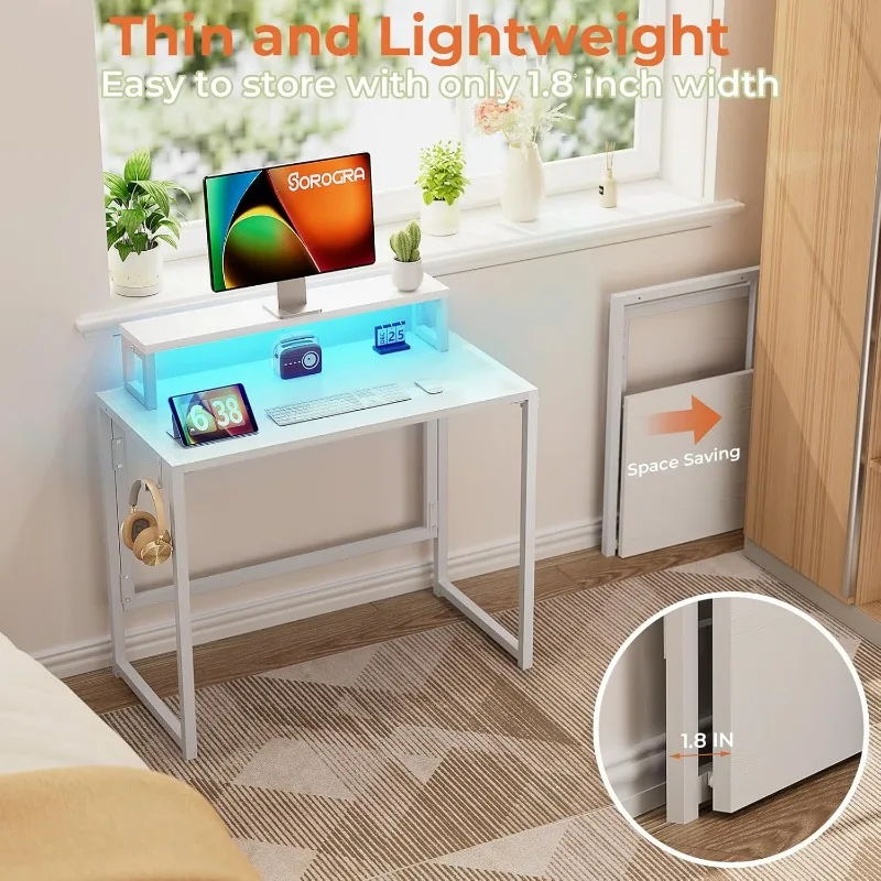 Small Folding Desk 31.5 Inch, Foldable Computer Desks with LED Lights and Monitor Stand, Work Portable Table 4