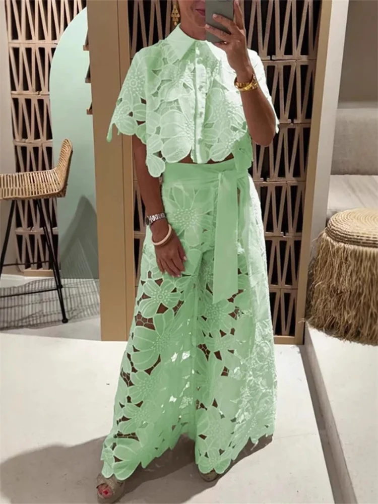 Wmstar Two Piece Set Women Hollow Out  Wide Leg Pants Sets Matching Casual Lace Suit Suits Wholesale Dropshipping New Style
