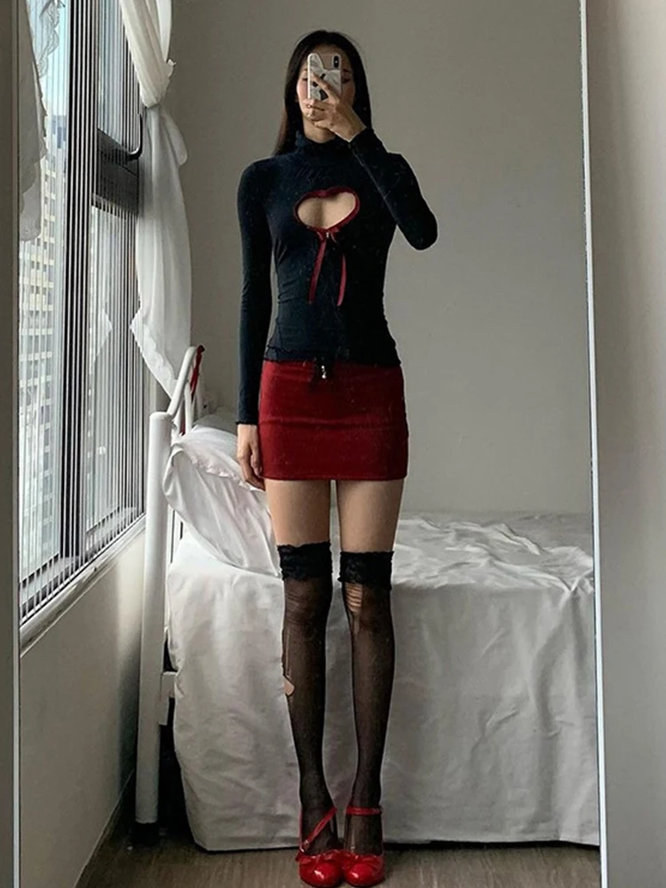 AltGoth 여성용 빈티지 Y2k 기본 티셔츠, 고딕 핫스위트 하트 컷 아웃, 긴팔 크롭티, 탑 스트리트웨어, 이모 Alt 의류