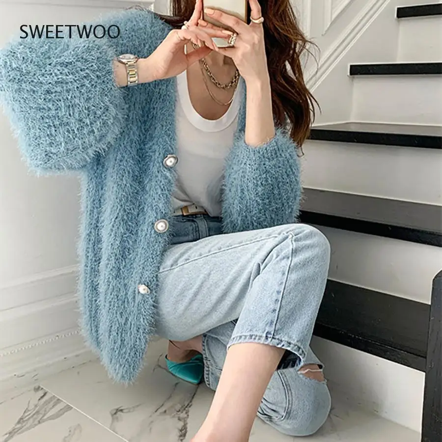 

Autumn Winter Women V Neck Cardigan Knitted Mohair Sweater Coat Long Sleeve Vest Thicken Crochet Outerwear