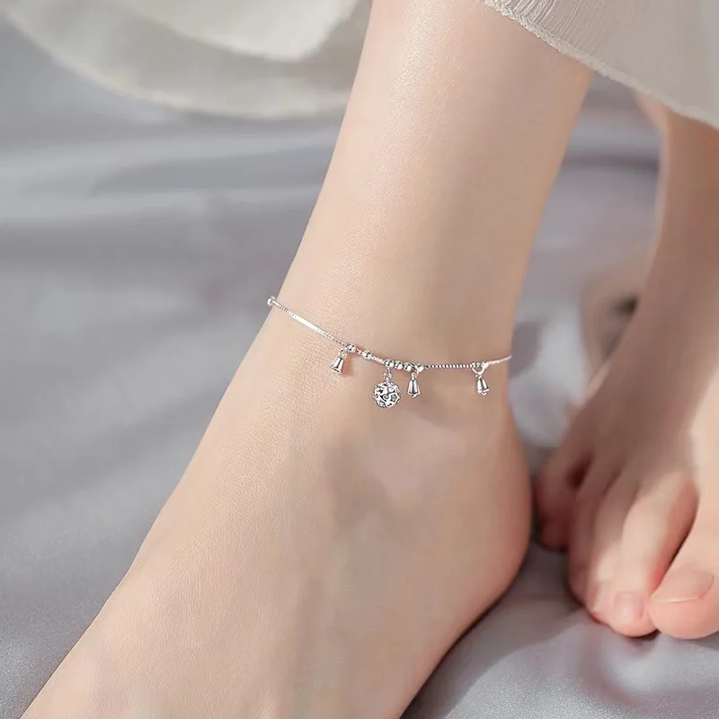 New Fashion 925 Sterling Silver Anklets For Women Foot Jewelry Exquisite Hollow Ball Cute Small Bell Bracelets Girl Accessories